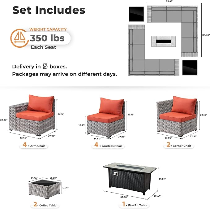 ovios 13 Pieces Patio Furniture Set, Outdoor Wicker Sectional Sofa with 54 Inch Fire Pit Table Comfy Cushions, Modern Modular Deep Seat Rattan Couch Conversation Set, Orange Red