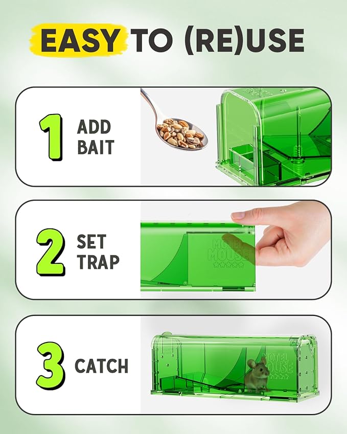 Motel Mouse Humane Mouse Traps No Kill Live Catch and Release 4 Pack - Reusable, Easy to Use & Clean, No Touch Release, Sensitive Includes Cleaning Brush, Instruction Manual & Video - Mousetrap Indoor
