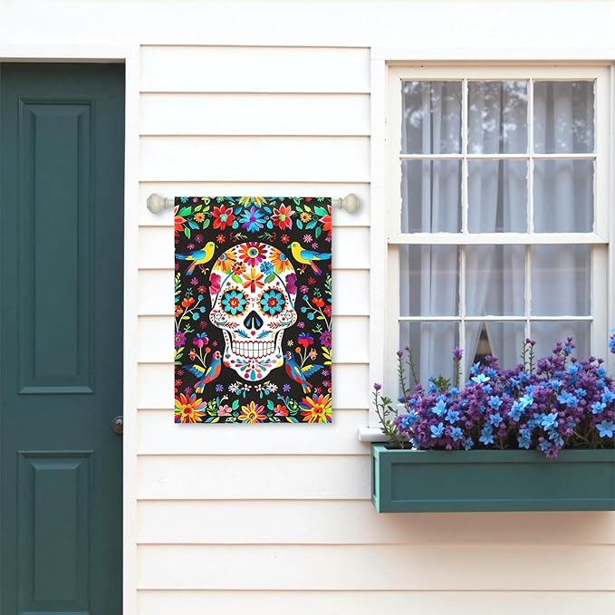 Day of the Dead Garden Flag Skull Welcome Floral House Banner Mexican Gothic Skeleton Flowers Birds Double-Sided Garden Flags Fiesta Dia DE Los Muertos Burlap Yard Flag 28x40 Inch