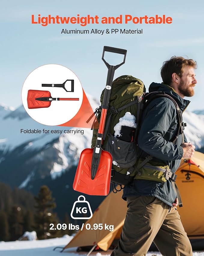 VEVOR Snow Shovel for Driveway, 9 in Foldable Snow Shovel with D-Shaped Handle, 36-40 in Adjustable, Lightweight Aluminum Alloy Snows Removal Tool, Reduce Back Strains for Garden Car Camping