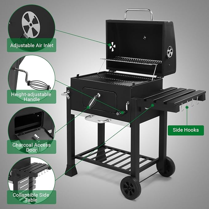 ROVSUN Charcoal Grill with Side Tables, Large Cooking Area, Individual Lifting Charcoal Trays, Pull-Out Ash Tray, BBQ Grill for Outdoor, Picnic, Backyard, Parties