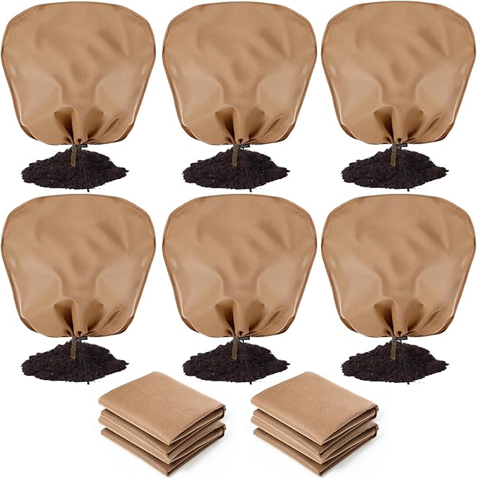 6 Pcs Winter Plant Covers Freeze Protection 39.4 x 39.4 Inch Horizontal Shrub Tree Rose Plant Protection Bags Frost Blanket with Drawstring for Fall Winter Outdoor Garden Planting, Brown