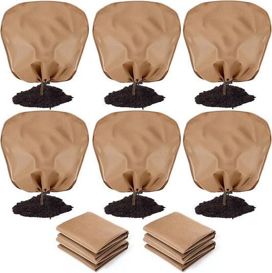 6 Pcs Winter Plant Covers Freeze Protection 39.4 x 39.4 Inch Horizontal Shrub Tree Rose Plant Protection Bags Frost Blanket with Drawstring for Fall Winter Outdoor Garden Planting, Brown