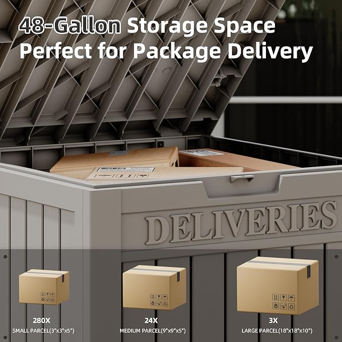 48 Gallon Outdoor Storage Box, Package Delivery Box for Outside with Lockable Secure, Resin Outside Storage Box Waterproof Deck Box for Patio & Pool, Grey