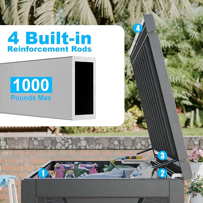 260 Gallon Large Deck Box,Resin Outdoor Storage Box with Lockable for Patio Furniture, Pool Accessories, Garden Tools Waterproof Outside Storage Box, Black