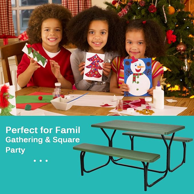 Moccha Picnic Table Bench Set - Portable Plastic Picnic Table w/Steel Frame & Wood-Like Texture, All Weather Heavy Duty Picnic Table Kit, Picnic Tables for Outdoors Garden Patio Party Dining (Green)