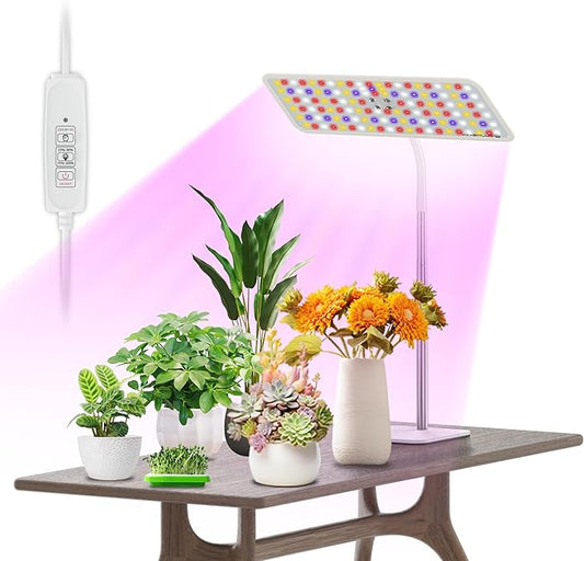 KINGPLUS Grow Lights with Base, Full Spectrum Growing Light for Indoor Plants, 120 LEDs, 4 Dimmable Levels, Timer 4/8/12h, 12-60inches Height Adjustable,18w, Ideal for Desk Small Plants