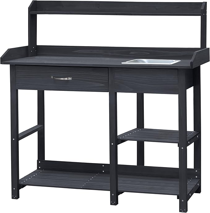 BlueWish Potting Bench, Potting Benches for Outside with Fir Wood Frame, Removable Sink, Three Hooks, Potting Table for All Weather