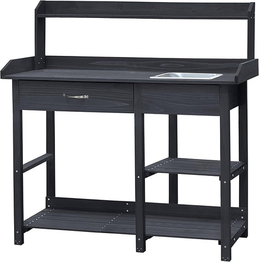 BlueWish Potting Bench, Potting Benches for Outside with Fir Wood Frame, Removable Sink, Three Hooks, Potting Table for All Weather