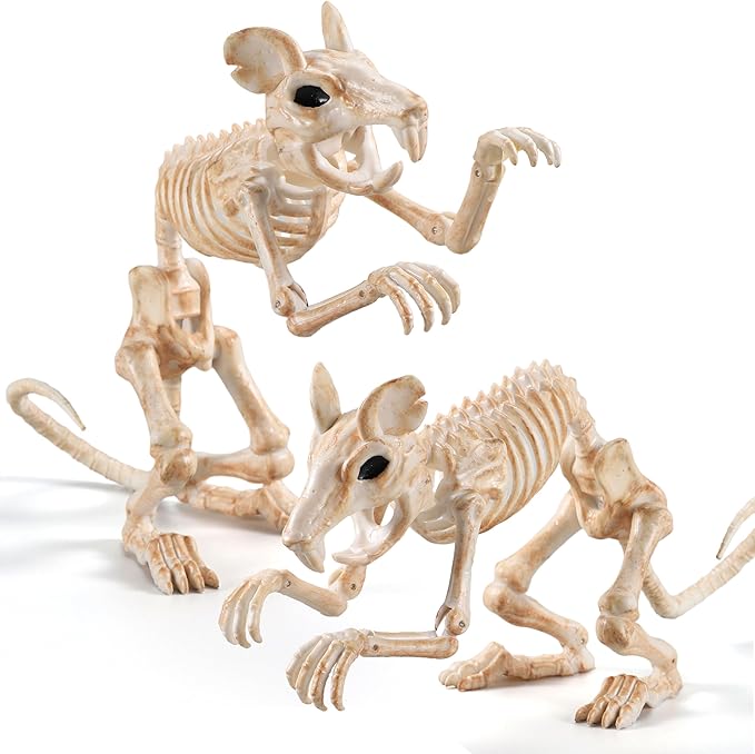 JOYIN 2 PCS Rats Skeleton Halloween Decoration 11 Inch Long Small Animal Skeleton Plastic Mouse Bones for Yard Garden Lawn Patio Graveyard Haunted House Halloween Party Favors Decor