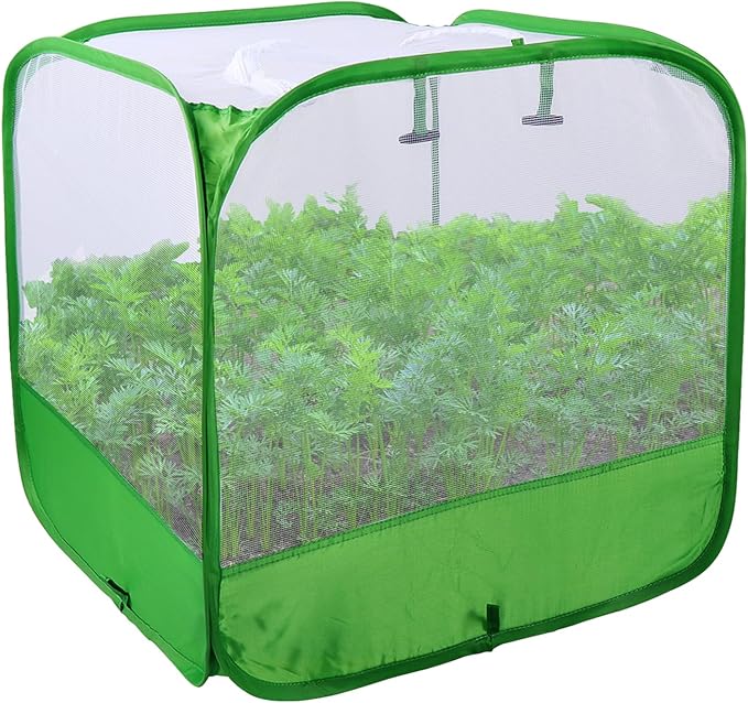 Mesh Plant Cover for Outdoor, Plant Netting Protector Garden Cover Cloche for Fruit, Vegetables, Strawberry, Flowers and Herbs Pop-Up Cage with 4 Stakes (White with Green, 19.7" x 19.7" x 19.7")