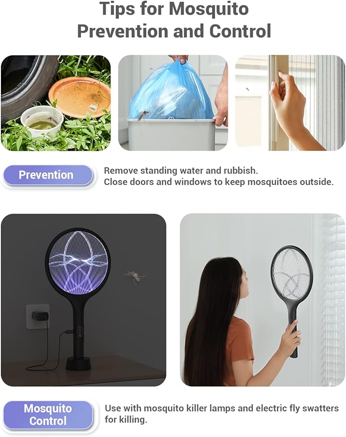 YISSVIC Electric Fly Swatter 4000V Bug Zapper Racket Dual Modes Mosquito Killer with Purple Mosquito Light Rechargeable for Indoor Home Office Backyard Patio Camping (Black-1 Pack)
