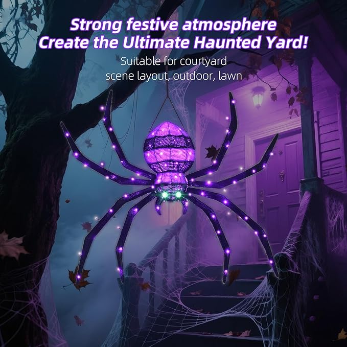 HOYECHI Halloween Decorations Outdoor Hanging Spider - 4.2FT Giant Climb The Wall Spider Halloween Decor, Light Up Spider with 90 LED Lights, for Front Yard Porch Roof Party Outside - Black
