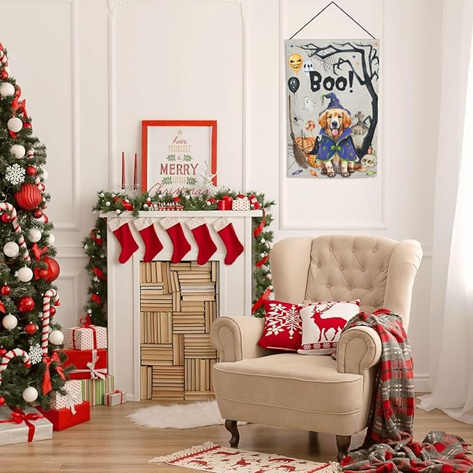 Golden Retriever Dog Halloween Boo Pumpkin Garden Flag Welcome Party Outdoor Outside Decorations Picks Home House Garden Yard Decor 12x18 Inch