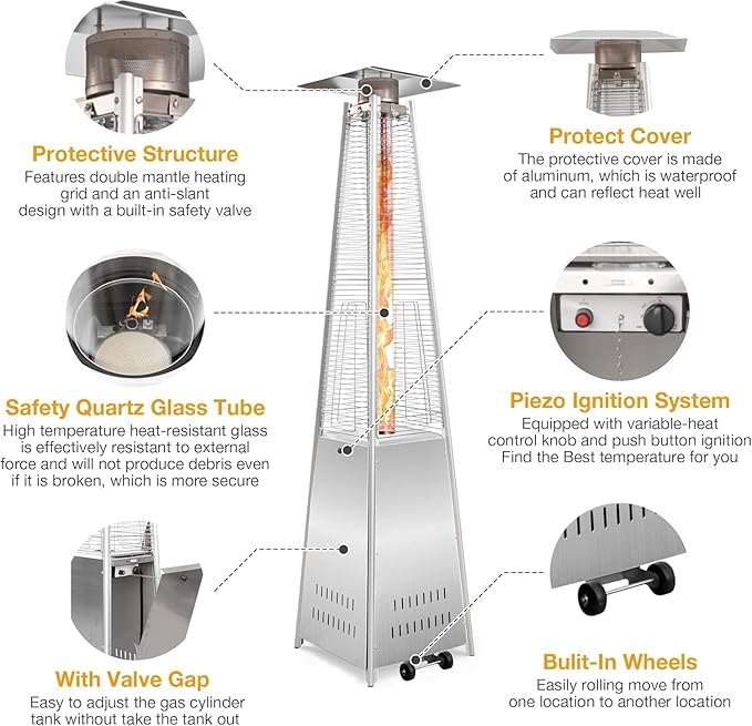 Pyramid Patio Heater with Wheels, Quartz Glass Tube Outdoor Heaters for Patio with Triple Protection System, CE & ETL Certified, 89 Inch LP Propane Tower Heater T for Commercial Residential, Silver
