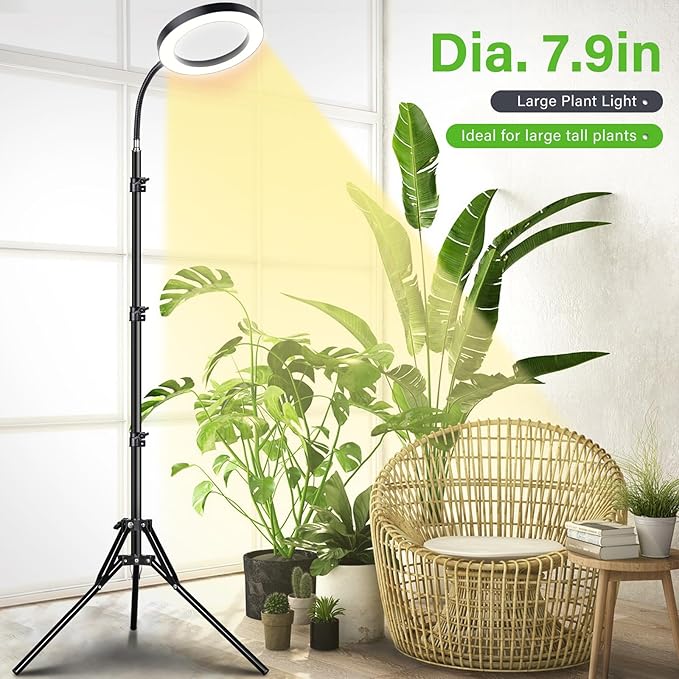 LORDEM Grow Light for Indoor Plants, Full Spectrum Plant Light with Auto Timer for 4/8/12H, 7.9" Diameter Growing Lamp with 108 LEDs, 4 Dimmable Levels, Adjustable Stand 24"-67"