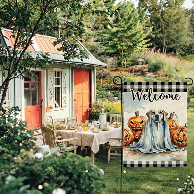 Ghost Dog Garden Flag with Jack O'Lantern Pumpkins Design Double Sided Farmhouse Welcome Decorative Small Burlap Flags 12.5 x 18 Inch for Outdoor Halloween Decor (Black)