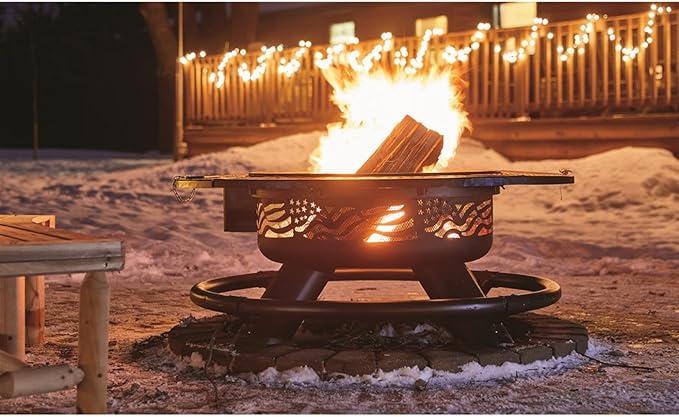 CASTLECREEK 47" Fire Pit BBQ Grill Outdoor Wood Burning Steel Log Firepit for Camping, Grilling, Smores, Yard, Cooking Outside, Barbecue, Bonfire Flag