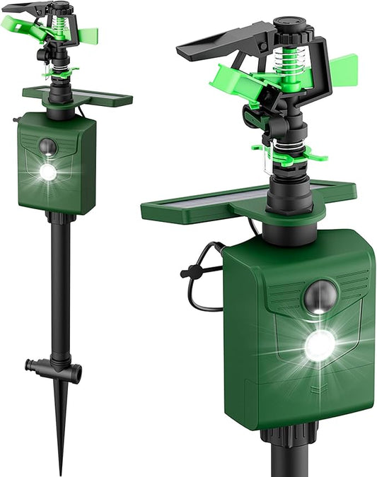 Motion Activated Animal Repeller with Water Sprinkler and Flashing Light, Solar Powerd Deer Cat Repellent Outdoor Deer Deterrent - Keep Rabbits Shunks Dog Raccoons Birds Away from Lawn and Garden