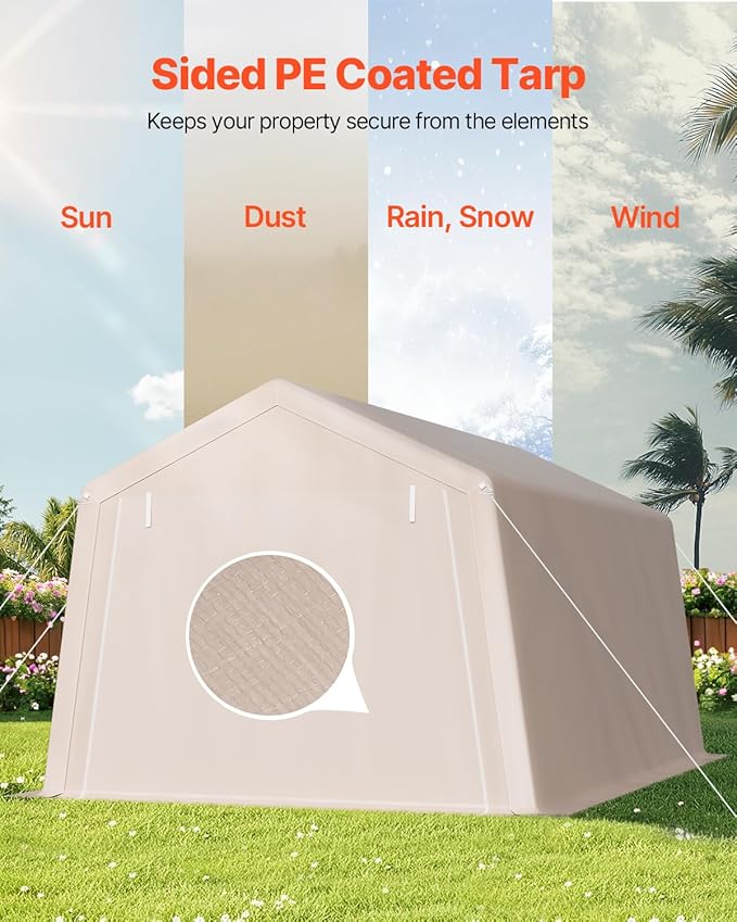 VEVOR Outdoor Storage Shed, 10 x 15 ft Portable Storage Tent with 2 Roll-up Doors & Vents, Waterproof Canopy Shed Shelter, Heavy Duty Frame, Patio Garage Carport for Motorcycle Lawn Mower, Beige