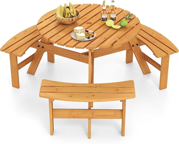 Giantex 6-Person Round Picnic Table Set with 3 Benches, 550 LBS Bench Capacity, 2" Umbrella Hole, Circular Outdoor Wood Dining Table & Chairs for Patio Yard Garden Porch Deck (68”x62”x28”,Yellow)