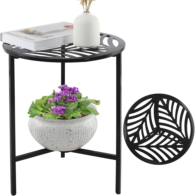 Party Zealot 1 Pack 13" Metal Outdoor Side Tables Small Black Outside End Table for Patio Round Accent Corner Stand for Small Spaces Weather-Resistant Coffee Table for Balcony Porch Plant Stand, Leaf