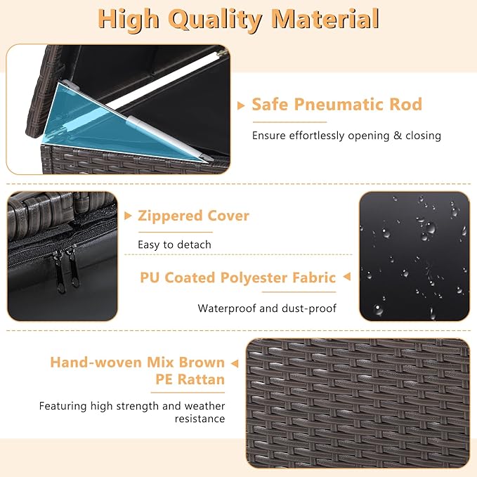 HAPPYGRILL 175 Gallon Outdoor Rattan Deck Box, Wicker Storage Bin with Zippered Liner & 2 Universal Wheels, Safe Pneumatic Rod, Patio Rattan Storage Container for Cushions Pillows