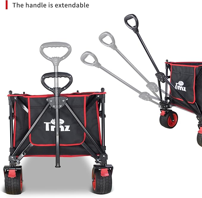 TMZ Collapsible Wagon 445L Heavy Duty Foldable Cart with All-Terrain Wheels, Canopy & Brakes - Extra Large Utility Wagon for Beach, Outdoor, Garden, Camping Portable Foldable Design (Black/Red)