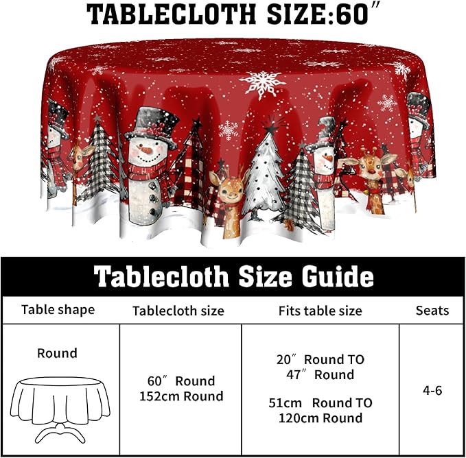 Christmas Round Tablecloth 60 Inch,Xmas Snowman Snowflakes Red Farmhouse Reusable Washable Polyester Table Cover for Kitchen Holiday Party Outdoor Dining Room Home Decor Gift