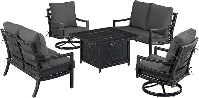 Oakland Living Black Aluminum Patio Fire Table Set with Two Deep Seating Loveseat with Cushions and Two Club Chairs with Black Cushions
