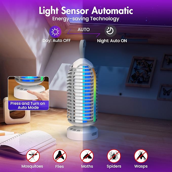 Bug Zapper Outdoor with Colorful Lighting and Auto-Sensing, 3 in 1 Cordless 4000mAh Battery Electric Fly Trap, Rechargeable Mosquito Zapper for Camping, Patios, Garden, Kitchen (2Pack-Grey)