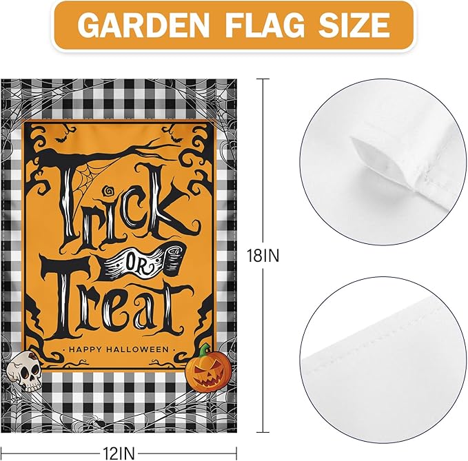 Halloween Garden Flag Trick Or Treat Without Candy 12x18 Double-Sided Pumpkin Decoration Water Buffalo Grid Halloween Party Welcome Holiday Courtyard Outdoor Haunted House Decoration Flag (Cartoon)