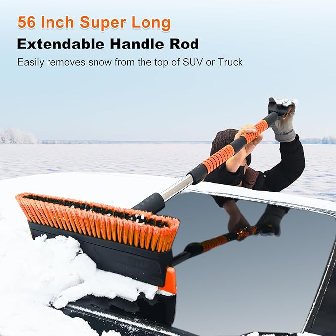 SEAAES 56 Inch Truck Snow Brush Scraper Long Handle, Heavy Duty Extendable Snow Broom for SUV, Windshield Ice Scraper with Foam Grip for Car Automobile Vehicle Window - Orange
