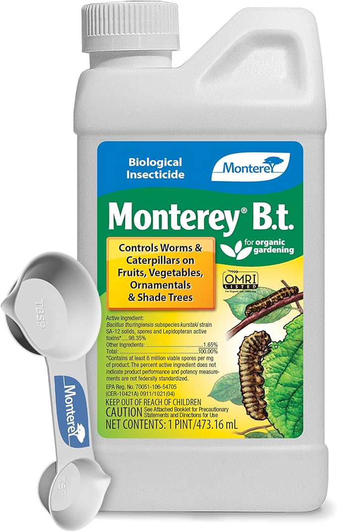 Monterey BT - Bacillus Thuringiensis for Organic Worm and Caterpillar Control Bundled with Measuring Spoon - Concentrate for BT Spray - 16 oz