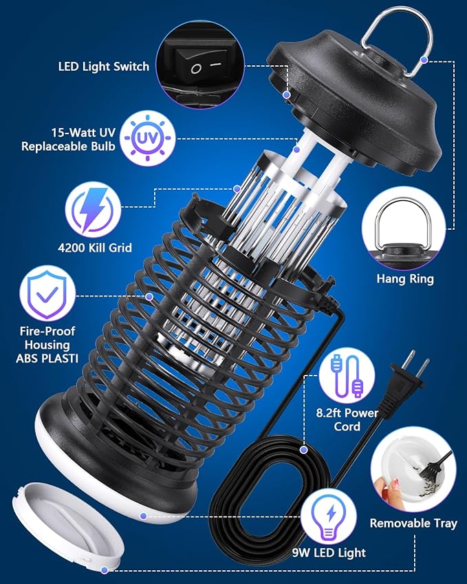 Outdoor Insect Killer, Mosquito Killer, Electric Fly Killer, Insect Killer, Mosquito Killer, Fly Trap, Indoor and Outdoor Flying Insect Killer 4200V, ABS Plastic Shell (Black)