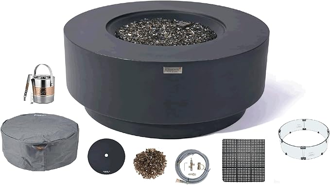 Elementi+ | Bundle Nimes Gas Fire Pit Cast Concrete 40" Dia. Round Fire Table, Outdoor Fire Pit Electronic Ignition | Canvas Cover, Fire Glass and Burner Lid Included | Dark Gray | Natural Gas