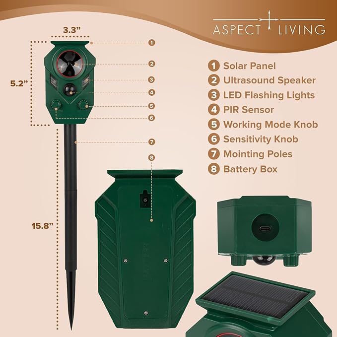 4 Pack Solar Ultrasonic Animal Repeller Outdoor – Motion Sensor Activated Deer Repellent with Flashing Lights & Sound, IP65 Waterproof, Deterrent for Cats, Dogs, Raccoons, Skunks, Birds