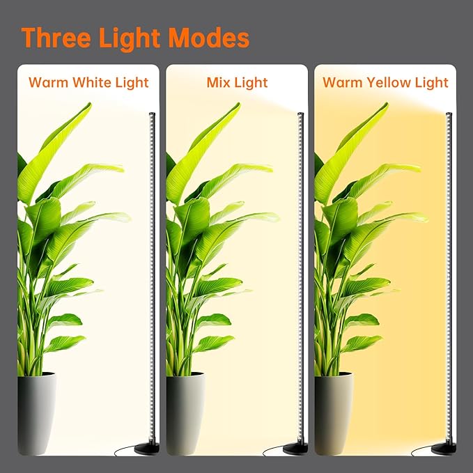 Standing Grow Light for Indoor Plants, Vertical Grow Light with 3 Light Modes, Wide Illumination and Dimmable, T10 Full Spectrum Floor Grow Lights, 16in-65in Adjustable Height & Auto Timer