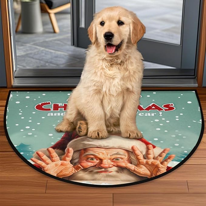 Christmas Half Round Door Mat, Merry Christmas Funny Santa Semicircle Door Mats, Non Slip Area Rug Soft Doormat for Indoor Entrance Wear Resistant Welcome Mat for Garage Patio Home Decor 24 x 36 In