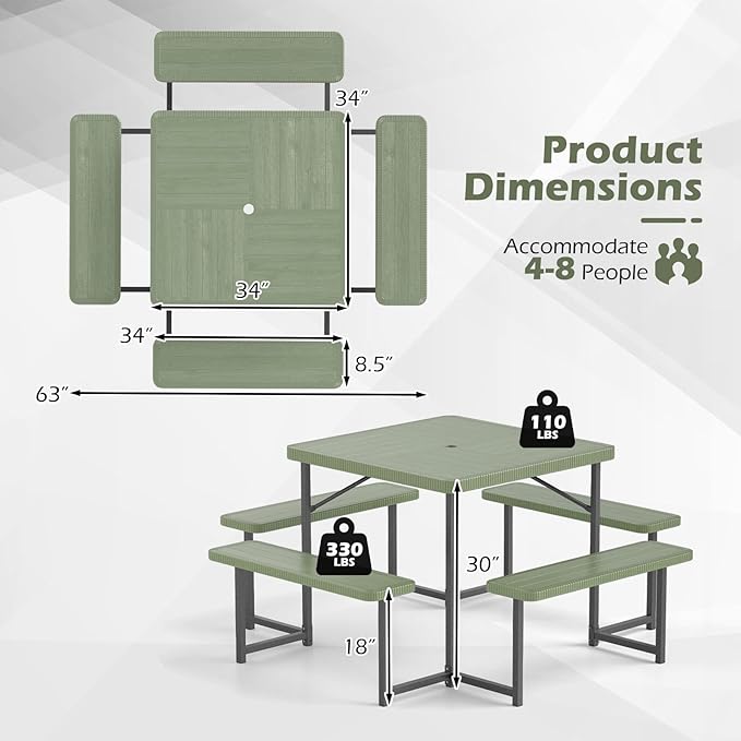 Tangkula 8 Person Picnic Table, HDPE Outdoor Square Table and Bench Set with 4 Built-in Benches, Umbrella Hole, Metal Frame for Garden Yard Patio Lawn