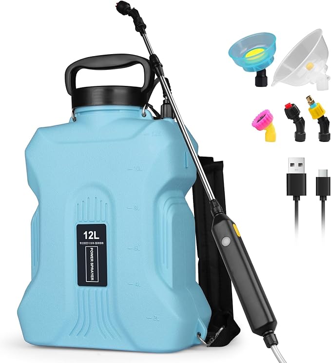 Battery Powered Sprayer 2.1 Gallon, Backpack Sprayer with Retractable Wand & 3 Mist Nozzles & USB Rechargeable Handle, Water Spray Pump Sprayers for Planting Lawn Yard Garden (Blue, 3.2 Gallon)