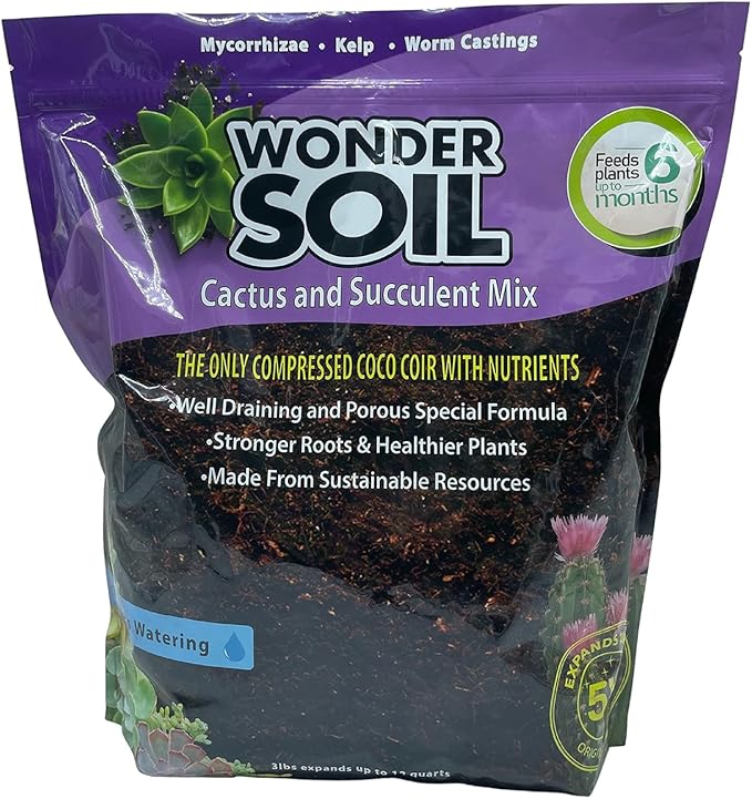 WONDER SOIL | Organic Cactus & Succulent Soil (12 Quarts). Fast Draining Ready to Plant Coco Coir Loaded w/Nutrients | 3 LBS Expands to 12 Quarts | Incl Worm Castings & Nutrients