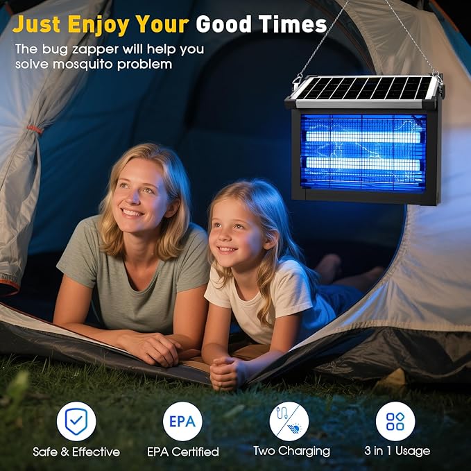 Bug Zapper Outdoor Solar Powered, Zwiran Mosquito Zapper Indoor with 4500V High Powered, Electric Fly Zapper with Extension Cord and Grounding Bracket, Rechargeable Waterproof Mosquito Killer