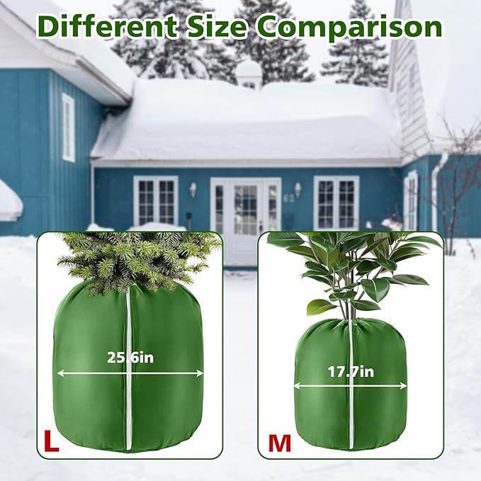 2 Pcs Plant Pot Winter Covers Protection - Potted Plant Freeze Protection Frost Jacket with Zipper Drawstring to Keep Outdoor Plants Flowers Shrubs Trees Warm (17.7" D x 19.7" H - Green)
