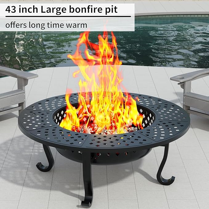 43 Inch Fire Pit with 2 Grill for Outside, Outdoor Wood Burning Firepit with Lid, Metal Round Table for Backyard Patio Garden Picnic Camping Bonfire, Black