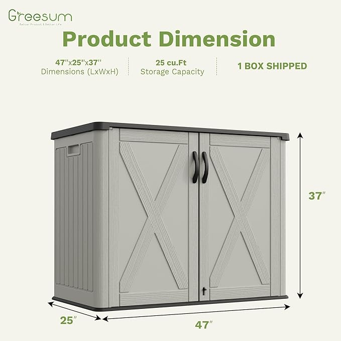 Greesum Outdoor Storage Cabinet, 25 Cu.Ft Deck Box Without Shelves, Waterproof Plastic Storage Bin for Patio Cushions, Gardening Tools, Lockable and Sidehandles, UV Resistant, Beige