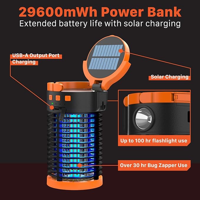 FosPower Bug Zapper Outdoor & Indoor (5-in-1) 3300V Mosquito Zapper with 29600mWh Power Bank, Rechargeable USB/Solar Charging, Flashlight, Reading Light, SOS Signal for Patio, Camping Essentials