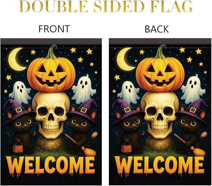 Halloween Garden Flag Pumpkin Skull Witch Hat Ghost Flag 12x18 Inch Double Sided Outdoor Yard Banner for Trick or Treat Haunted House Spooky Halloween Decoration Decor