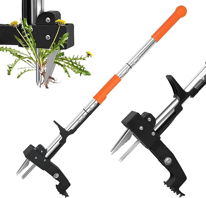 SHANTRA Weed Puller Tool, 4-Claw Stand Up Weed Puller Tool with Long Handle, Garden Weeder Puller Heavy Duty Stand Up Weeder, Weeding Tool for Lawn, Yard, Garden, Crabgrass, Dandelion Picker