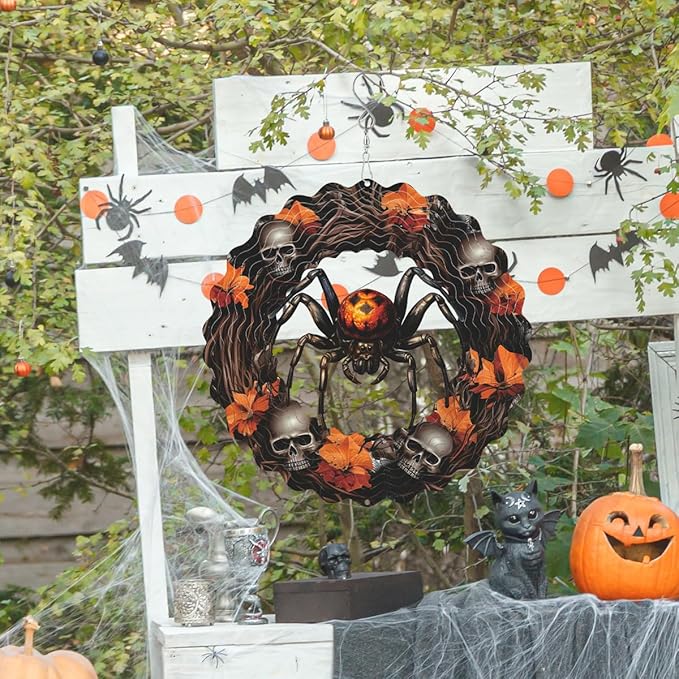 Spider Metal Wind Spinner 3D Hanging Halloween Wind Spinners Decor Skeleton Skull Metal Wind Spinner for All Saints' Day Party Yard Garden Outdoor Indoor Decor